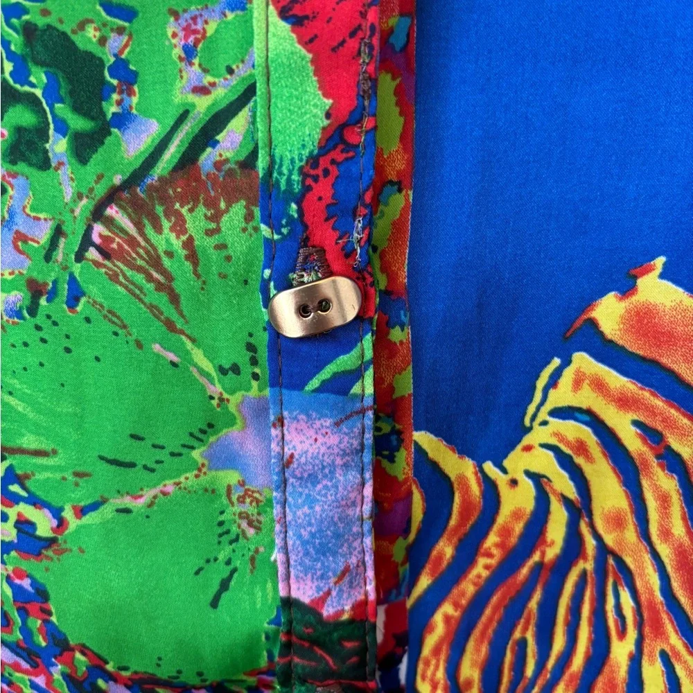 Alberto Makali Colorful Animal Print Patch Blouse Sz M Ruffle Back - Picture 8 of 10